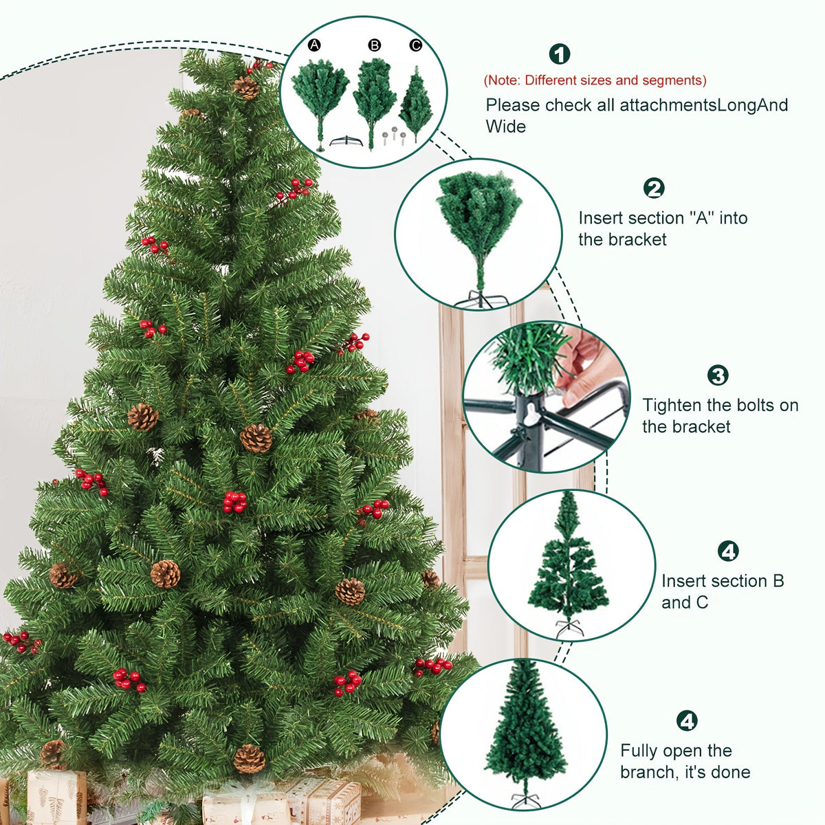 Sztuczna choinka sosnowa 213-244 cm - gałęzie na zawiasach, 6 wykończeń | osłona na stojak w zestawie - widok produktu 18 | Ionotix