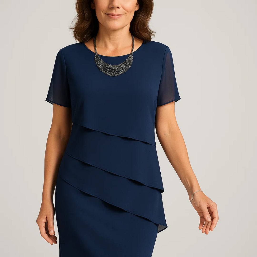 Szyfonowa sukienka ołówkowa z warstwami i krótkimi rękawami – widok produktu 6 | Ionotix