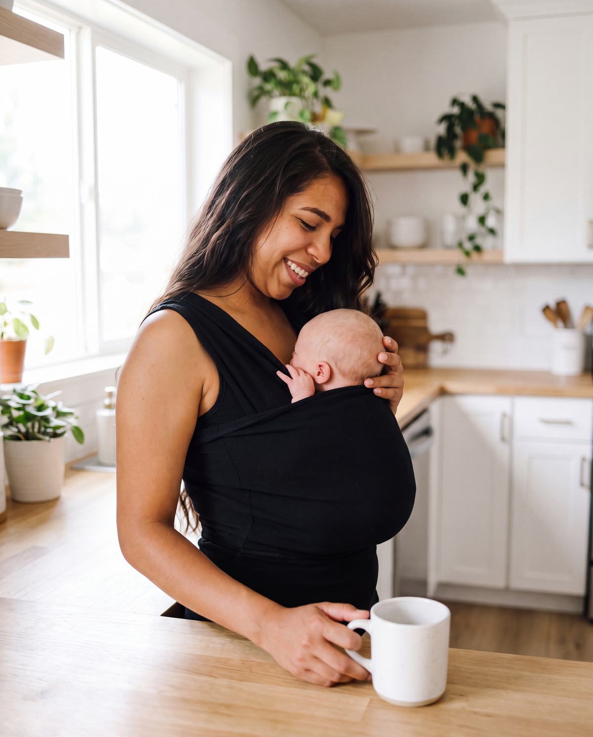 Mother wearing Tulingo black babywearing shirt with newborn in kitchen, hands-free