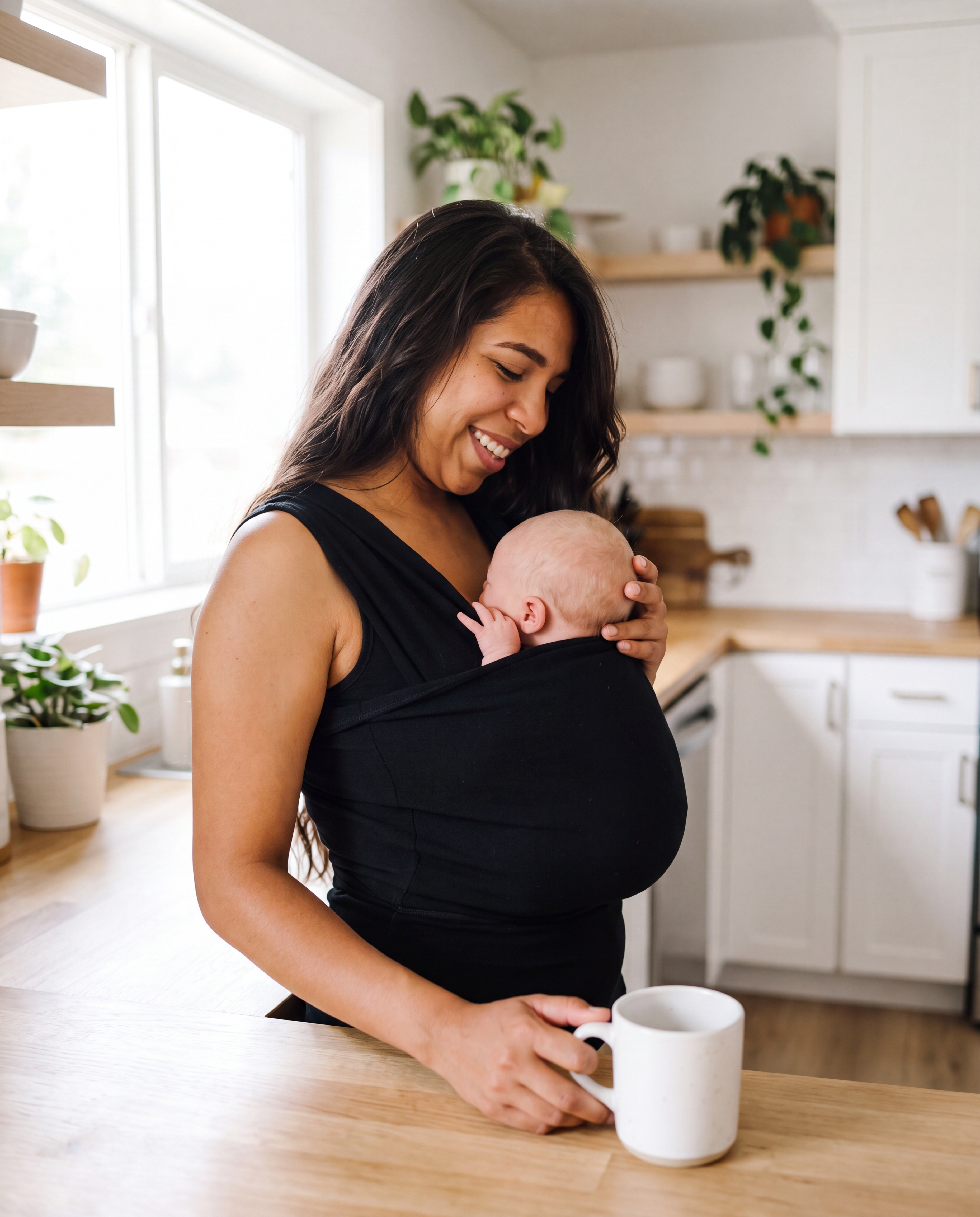 Mother wearing Tulingo black babywearing shirt with newborn in kitchen, hands-free