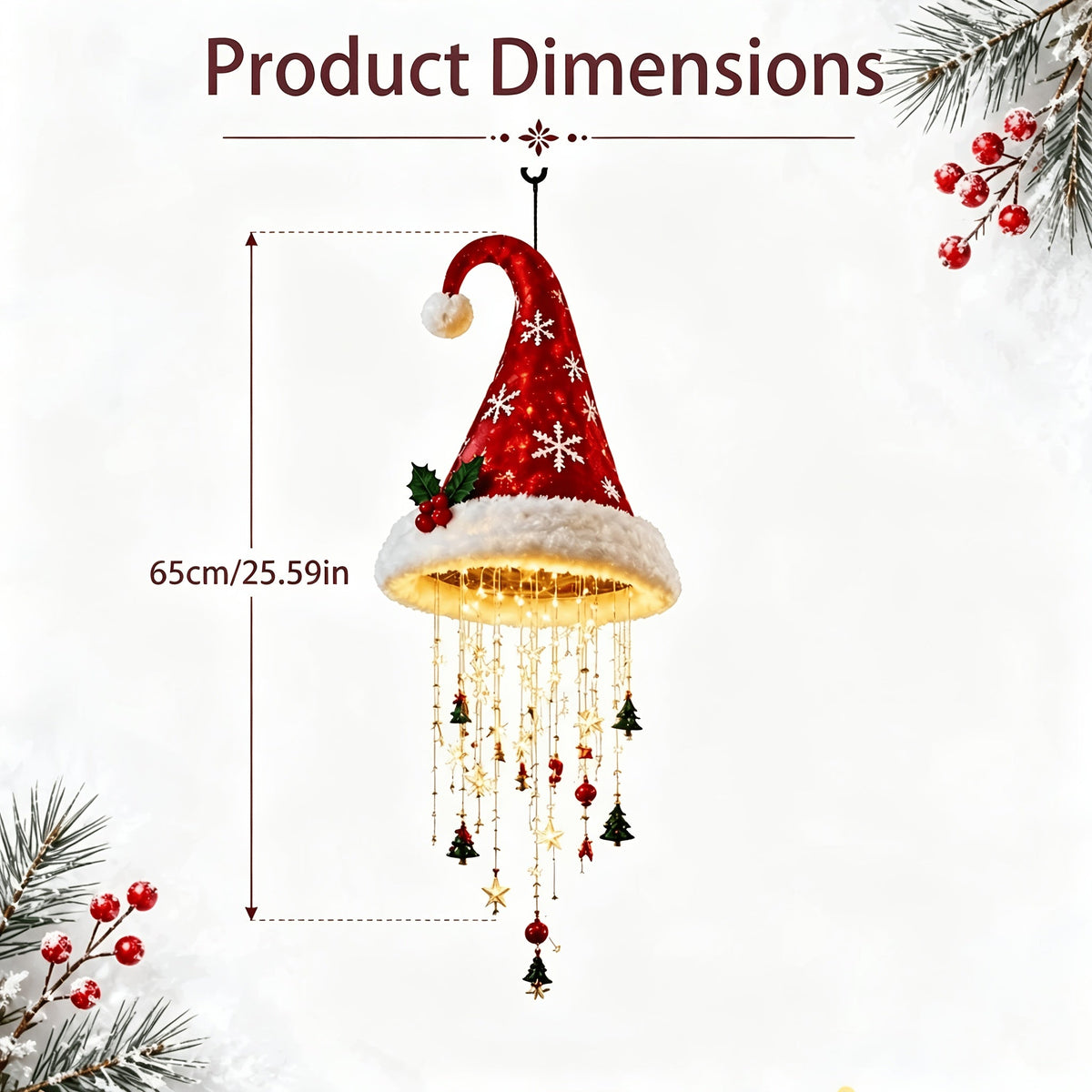 Wiszące czapki Mikołaja LED 3 szt. - 65 cm, sznury ozdób, na baterie | haczyki w zestawie - widok produktu 10 | Ionotix