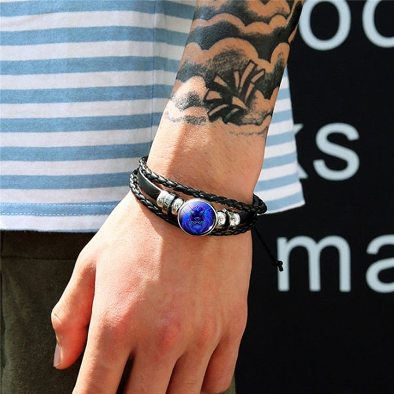 Zestaw dwóch bransoletek ze znakiem zodiaku Zodelia ze skórzanym paskiem