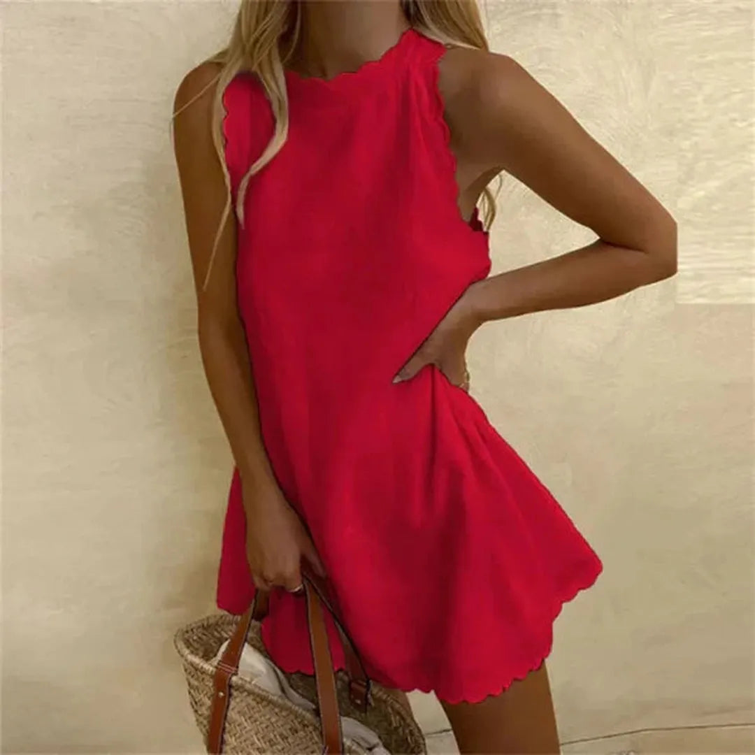 Lniana sukienka bez rękawów z dekoltem typu O