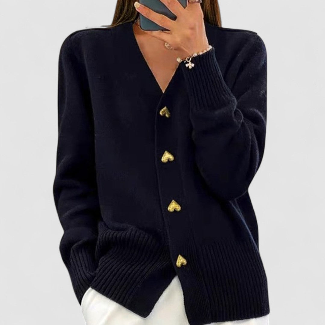 Kardigan Damski Z Dekoltem W Serek | Z Guzikami W Kształcie Serca