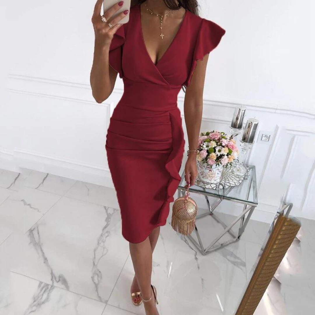 Sukienka z nadrukiem, falbaniastymi rękawami i dekoltem w serek