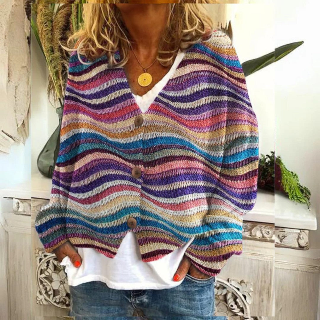 Kardigan Damski W Kwiatowy Wzór Z Dekoltem W Serek | Z Guzikami